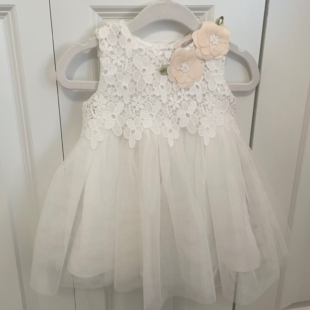 Beautiful Baby Girls white miniclasix lace and tulle dress! Worn one time!